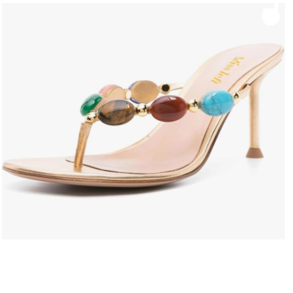 miss left Gold Jewelled Open Toe Flip Flops Sexy Thin High Heel Slip on Sandals